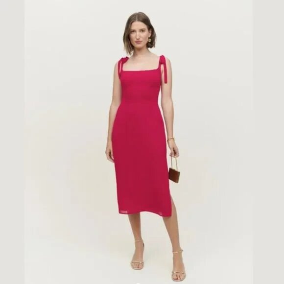 LNWOT Reformation "Bess" Dress Red Rhubarb Midi Side Slit Women's Size 6 - Picture 1 of 7